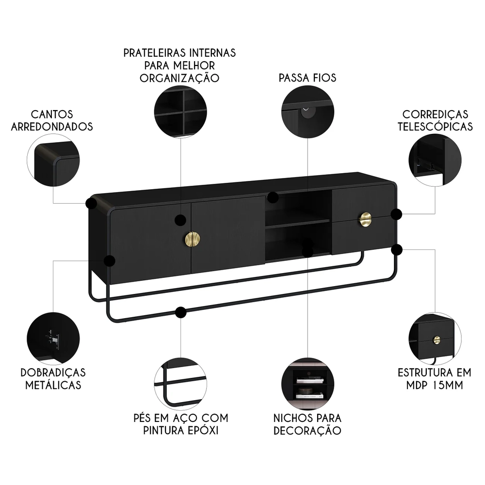 Rack Bancada Tv 70 Pol 180cm 2 Portas Mario Nero/Preto A10  - Mpozenato