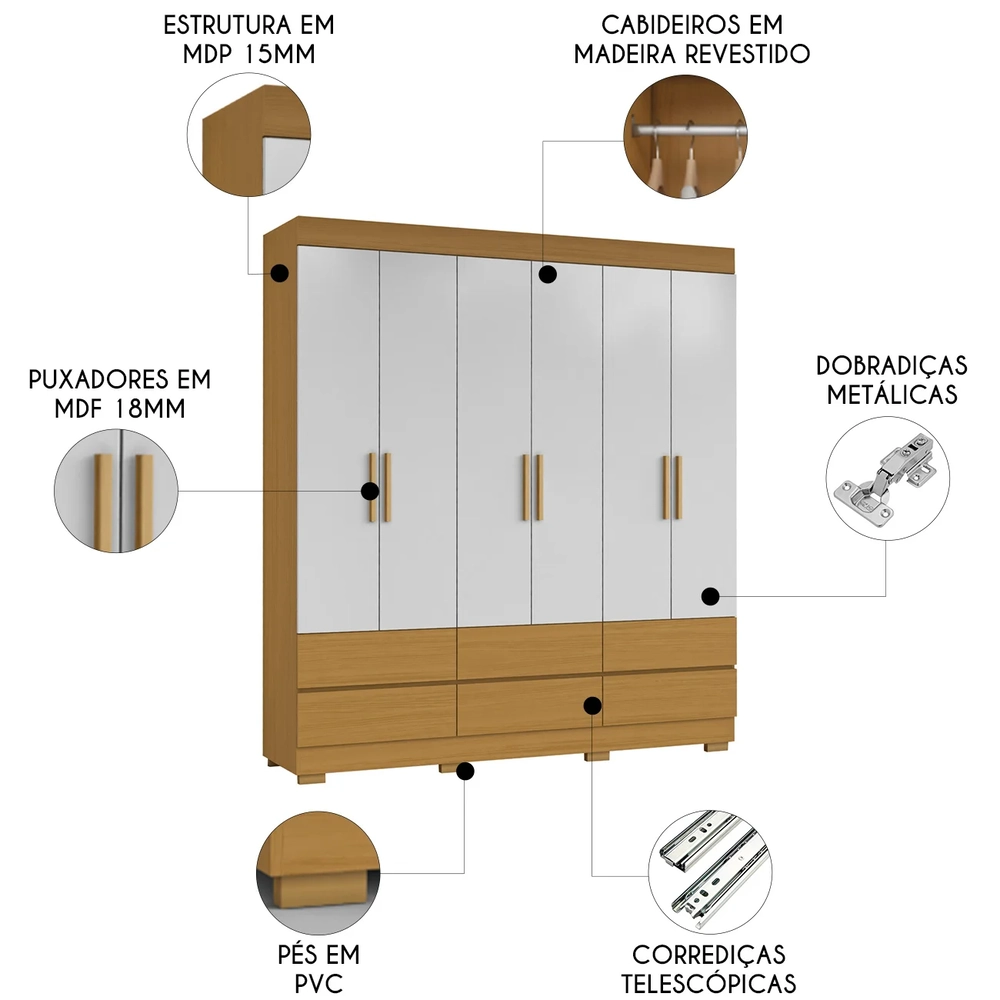 Guarda Roupa Casal 187cm 6 Portas Vilo Cinamomo/Off A15 - Mpozenato