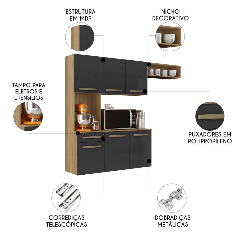 Armário de Cozinha Compacta 160cm Lora Atacama/Grafite A15 - Mpozenato 