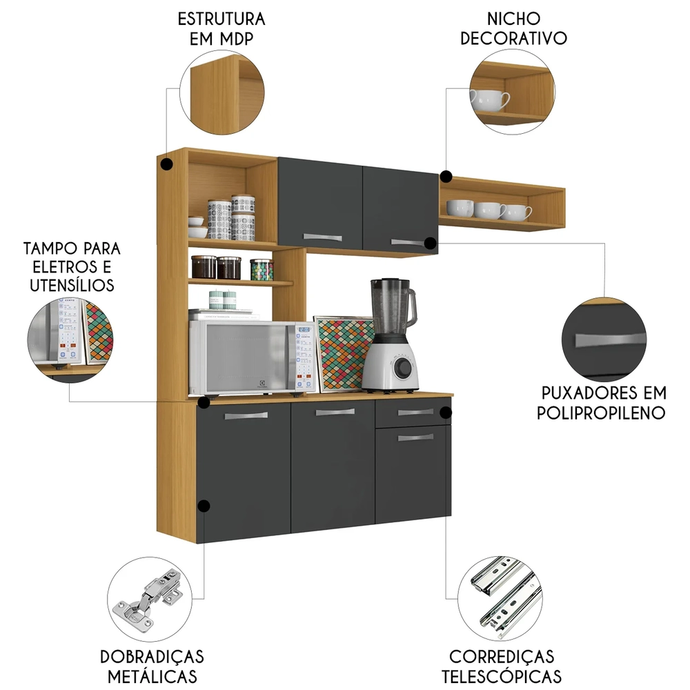 Armário de Cozinha Compacta 180cm Maxyn Cinamomo/Grafite A15 - Mpozenato 