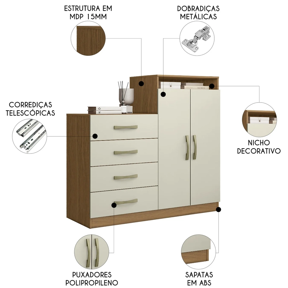 Cômoda Quarto Solteiro 120cm 4 Gavetas Iago Atacama/Areia A15 - Mpozenato 