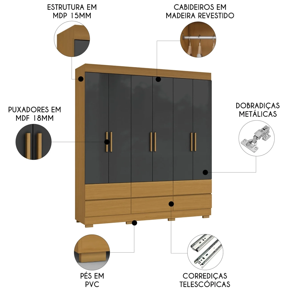 Guarda Roupa Casal 187cm 6 Portas Vilo Cinamomo/Grafite A15 - Mpozenato