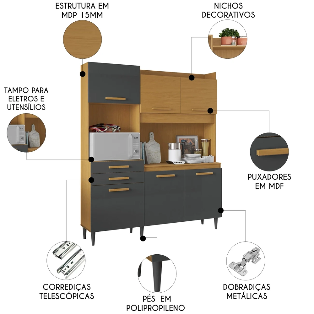 Armário de Cozinha Compacta 182cm Noir Cinamomo/Grafite A15 - Mpozenato