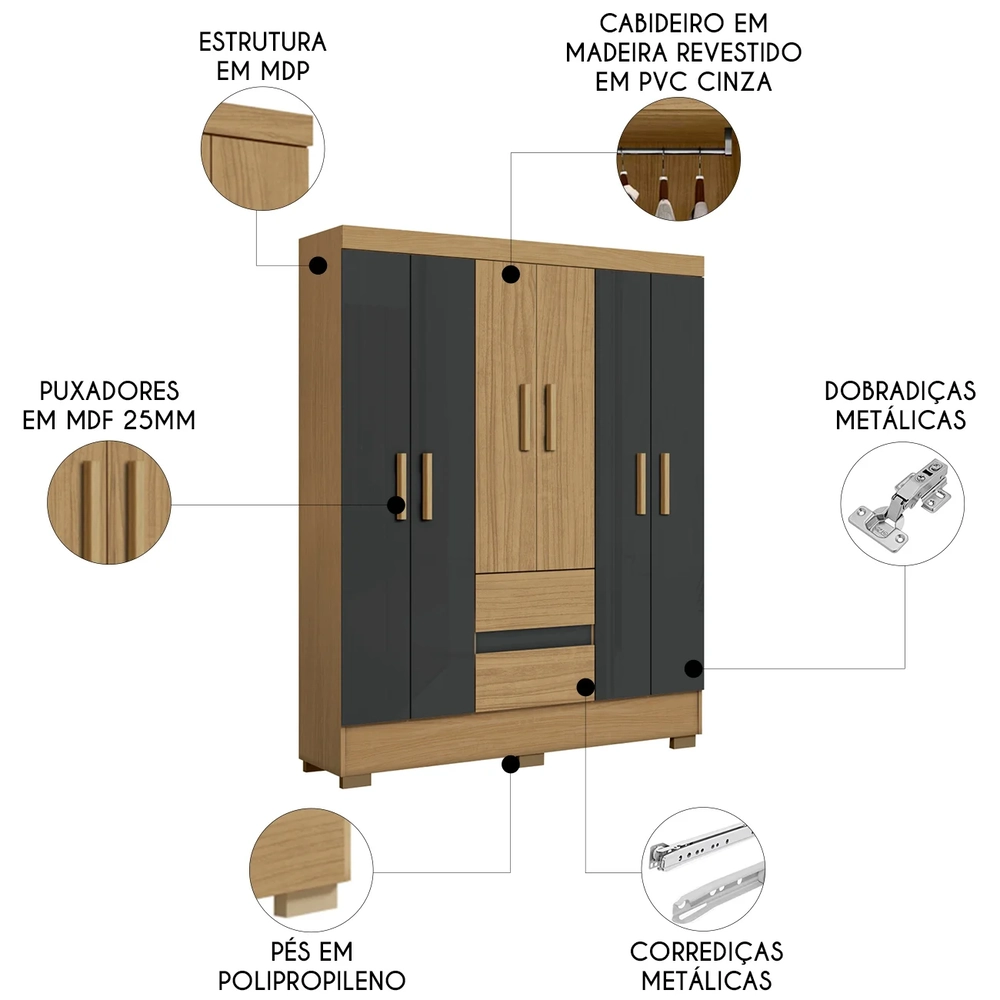 Guarda Roupa Casal 150cm 6 Portas Raely Atacama/Grafite A15 - Mpozenato 