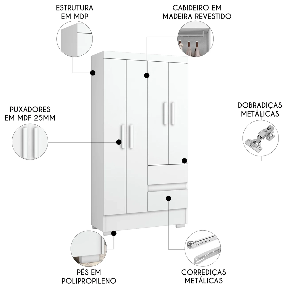Guarda Roupa Solteiro 100cm 4 Portas Raely Branco A15     - Mpozenato 