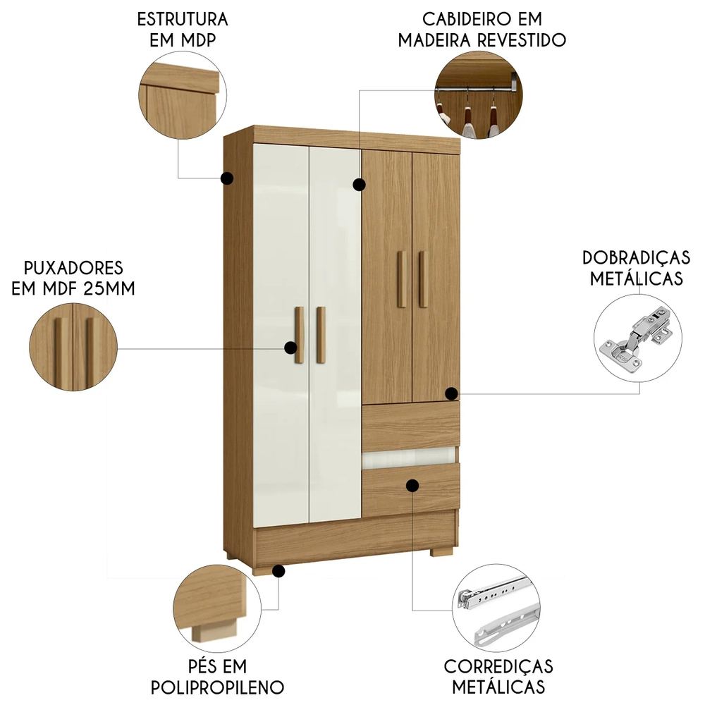 Guarda Roupa Solteiro 100cm 4 Portas Raely Atacama/Off A15 - Mpozenato 