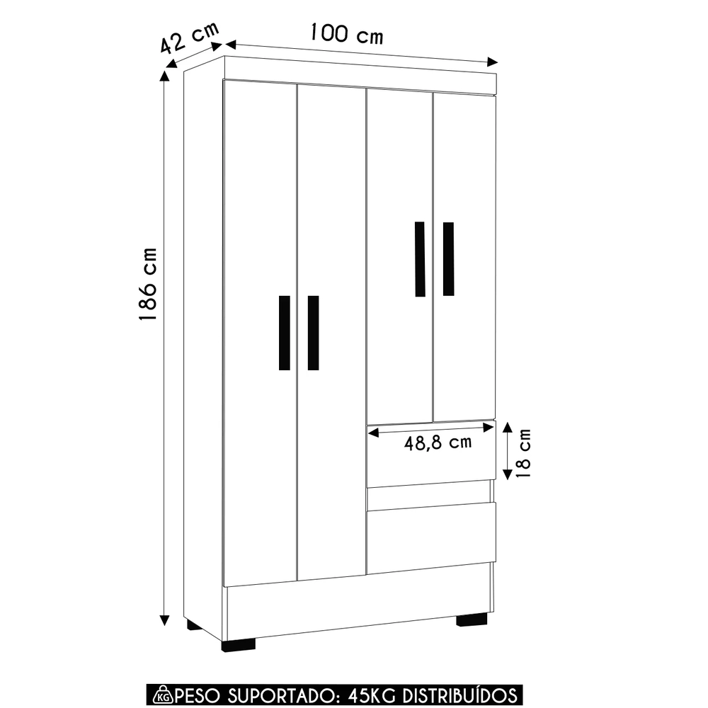 Guarda Roupa Solteiro 100cm 4 Portas Raely Atacama/Off A15 - Mpozenato 