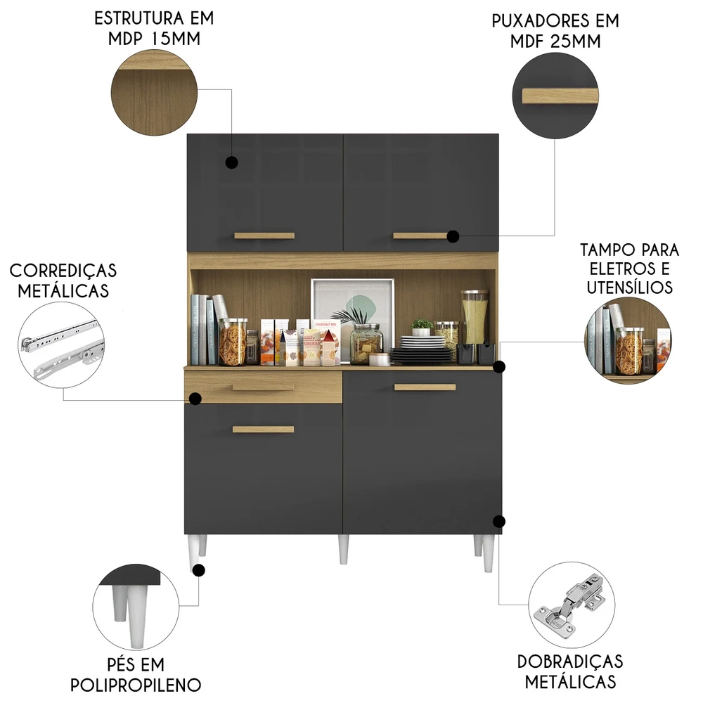 Armário de Cozinha Compacta 121cm Lyan Atacama/Grafite A15 - Mpozenato
