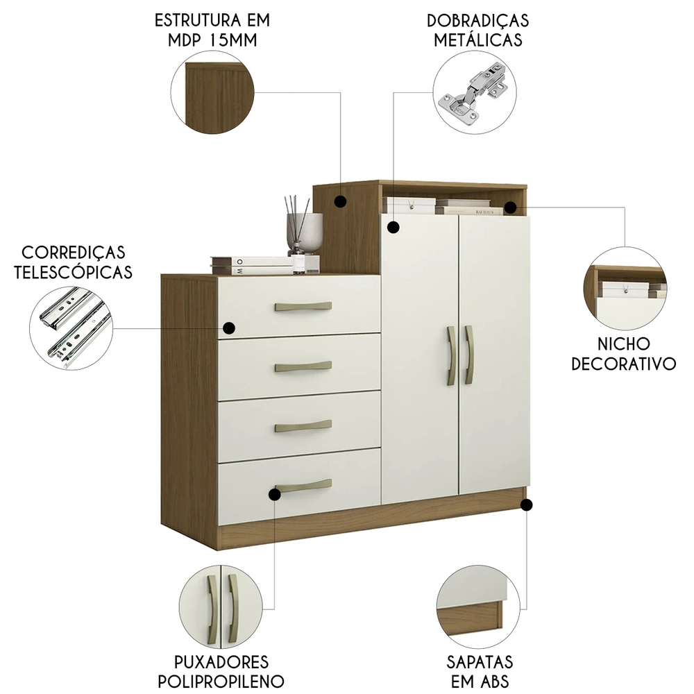 Cômoda Quarto Solteiro 120cm 4 Gavetas Iago Atacama/Off A15 - Mpozenato 