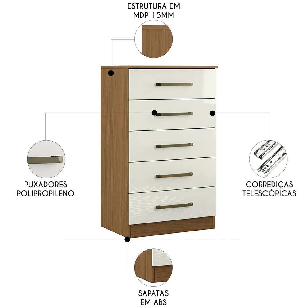 Cômoda Quarto Solteiro 61cm 5 Gavetas Velma Atacama/Off A15 - Mpozenato 