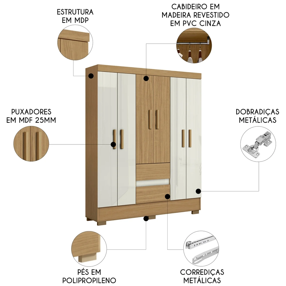 Guarda Roupa Casal 150cm 6 Portas Raely Atacama/Off A15 - Mpozenato 