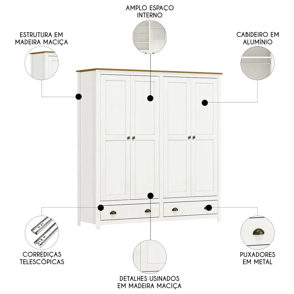Guarda Roupa Casal 176cm 4 Portas 2 Gavetas Lázio Branco/Freijó F07 - Mpozenato