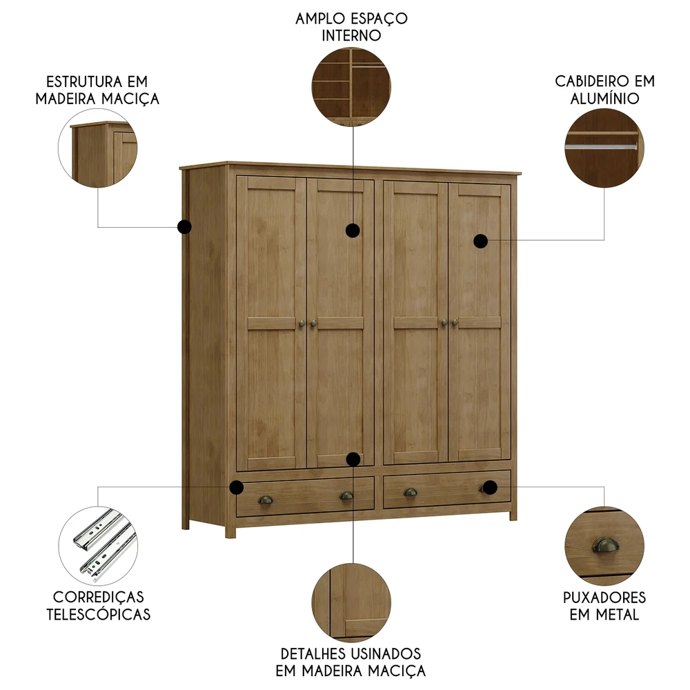 Guarda Roupa Casal 176cm 4 Portas 2 Gavetas Lázio Freijó F07 - Mpozenato
