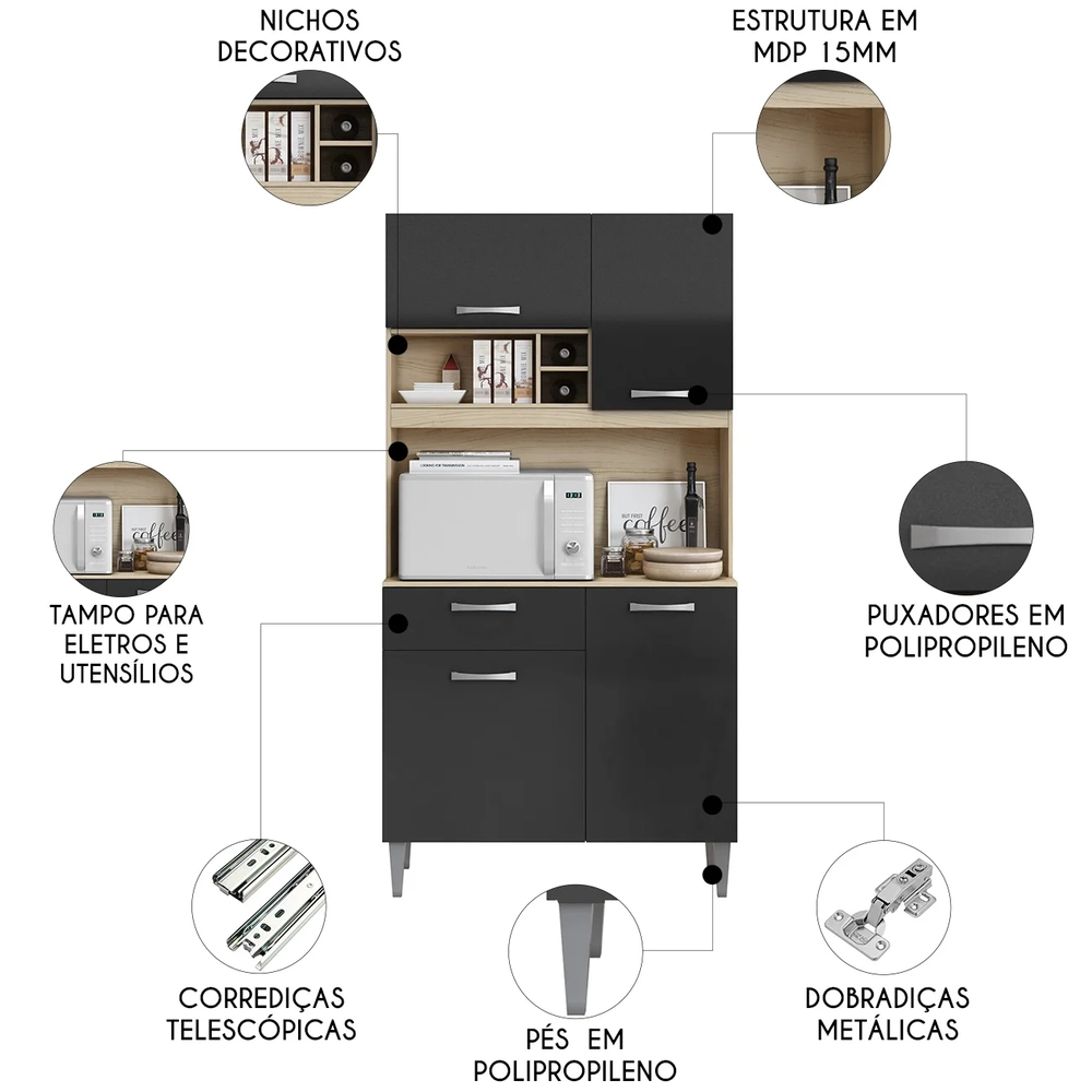 Armário de Cozinha Compacta 91cm Morgan Avena/Grafite A15 - Mpozenato