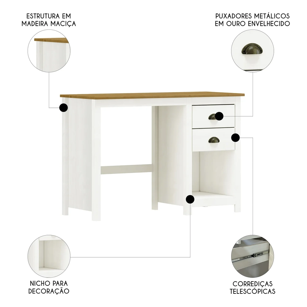 Escrivaninha 110cm 2 Gavetas Home Office Lázio Branco/Freijó F07 - Mpozenato
