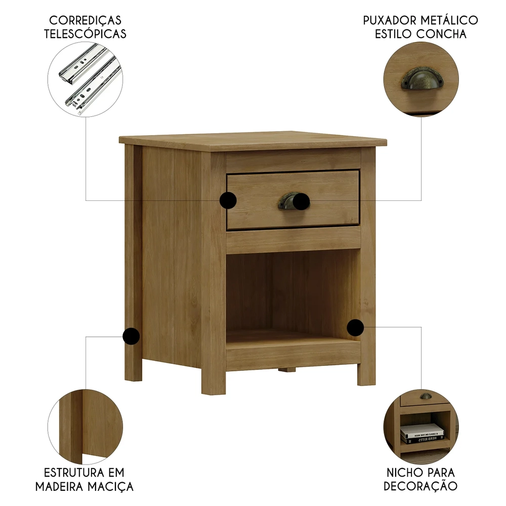 Mesa de Cabeceira Para Quarto 1 Gaveta Lázio Freijó F07     - Mpozenato