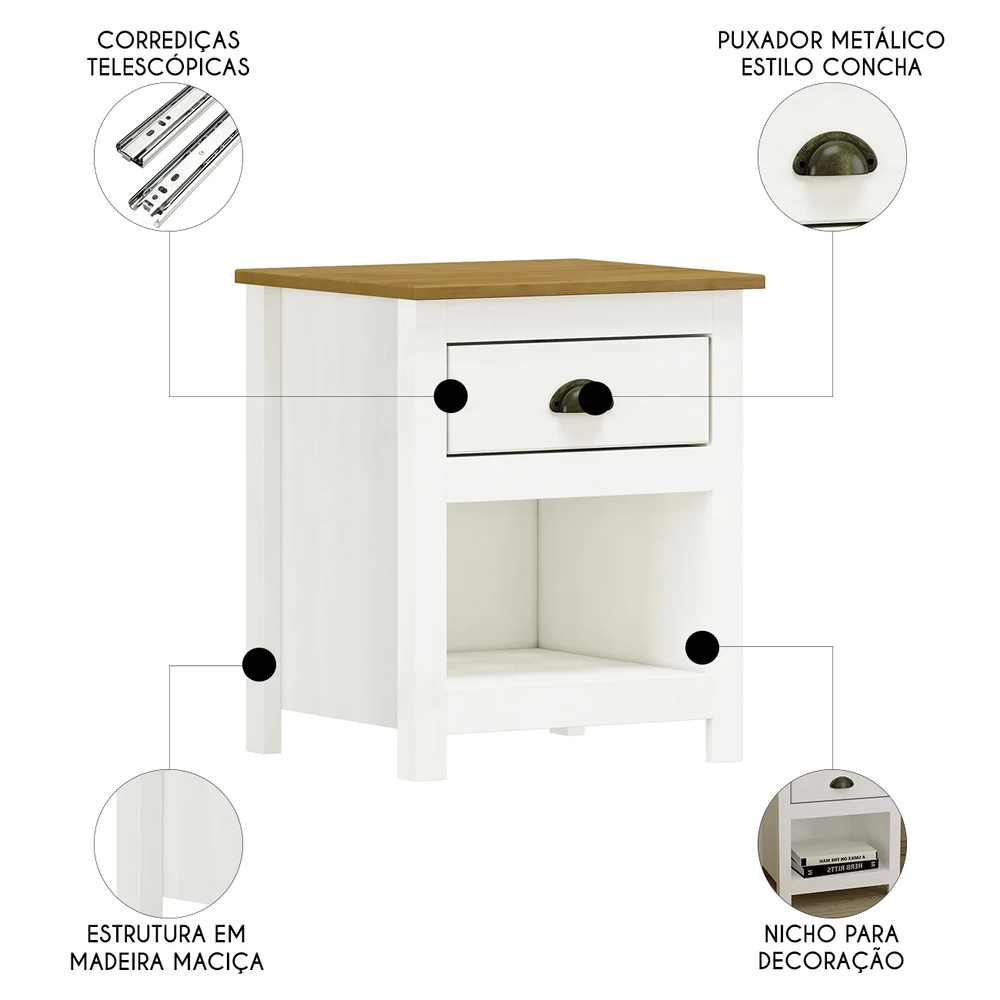 Mesa de Cabeceira Para Quarto 1 Gaveta Lázio Branco/Freijó F07 - Mpozenato