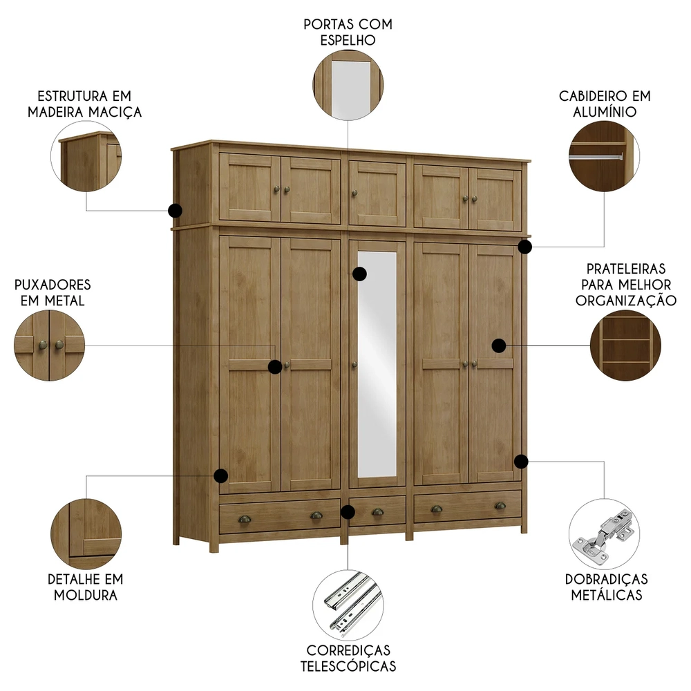 Guarda Roupa Casal 221cm 10 Portas 3 Gavetas Lázio Freijó F07 - Mpozenato