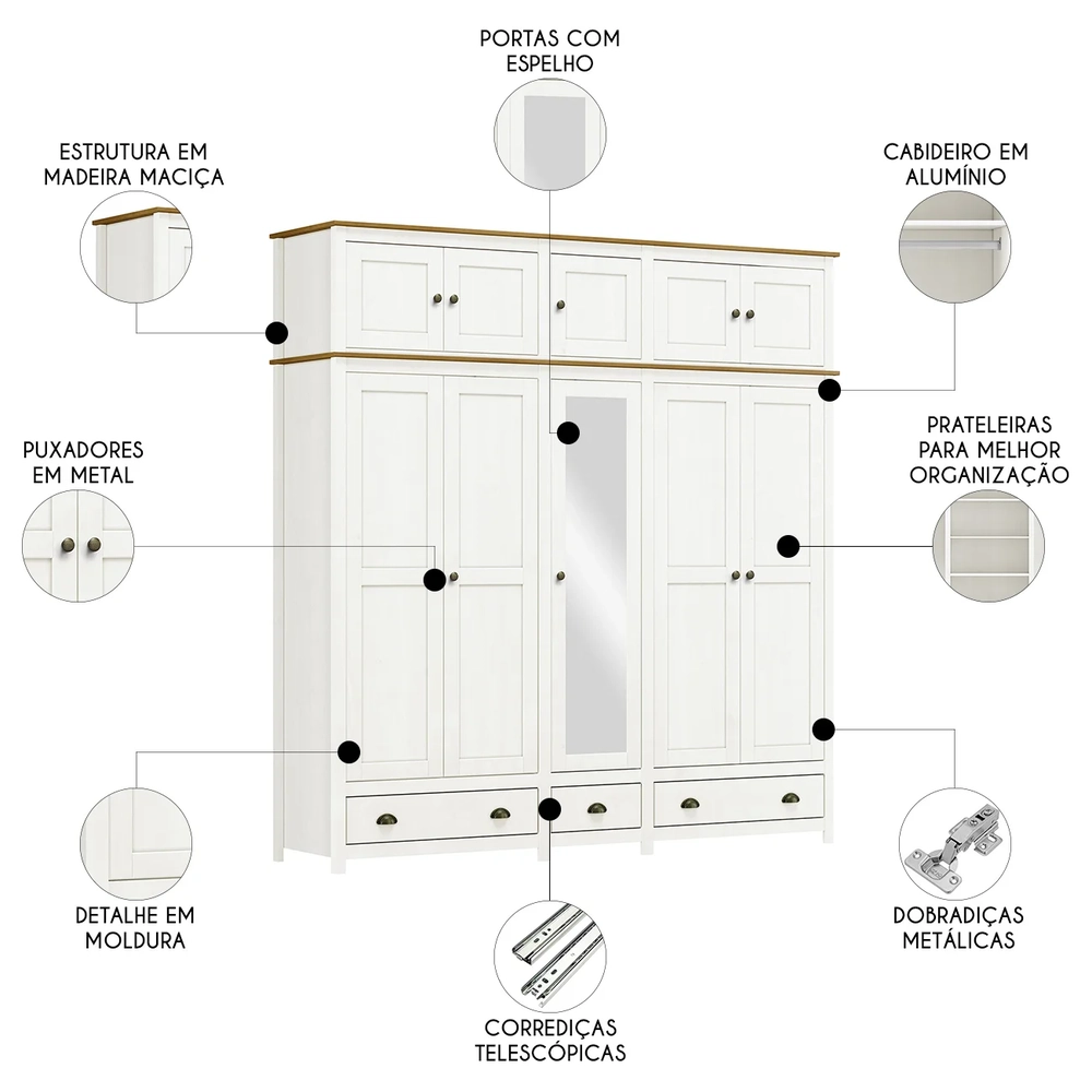 Guarda Roupa Casal 221cm 10 Portas 3 Gavetas Lázio Branco/Freijó F07 - Mpozenato