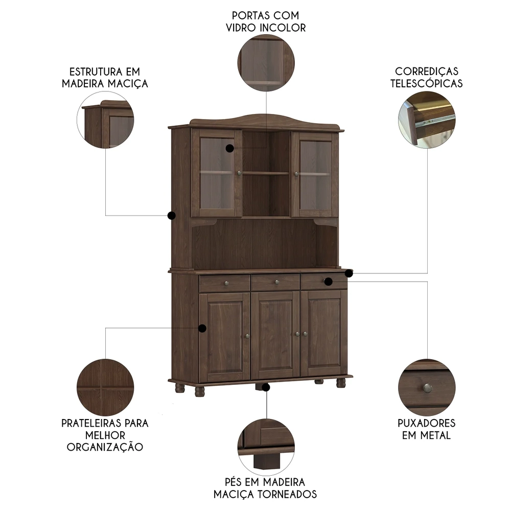 Cristaleira Portas de Vidro 129cm Pé Madeira Rubia Café F07 - Mpozenato