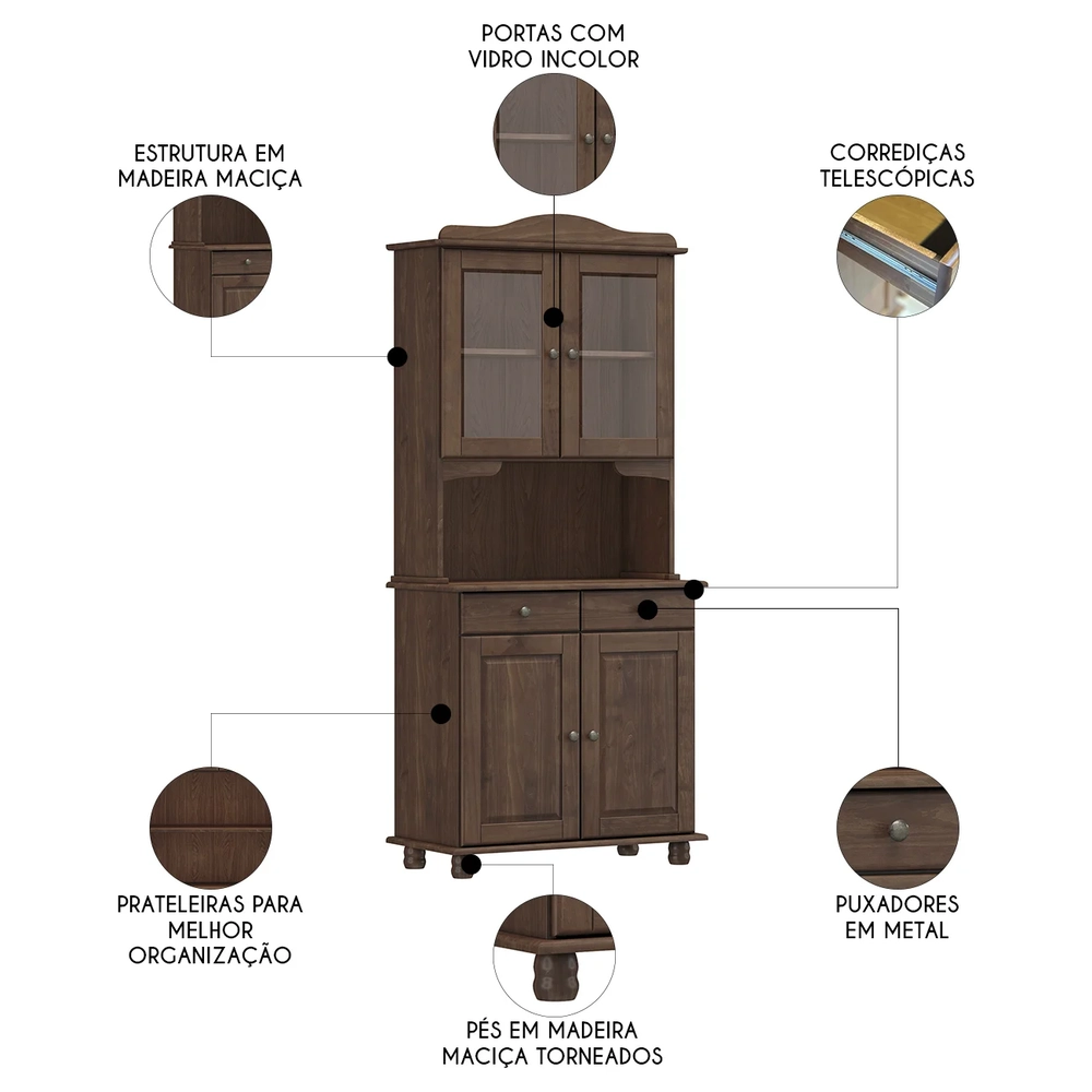 Cristaleira Com Portas Vidro 88cm Pé Madeira Rubia Café F07 - Mpozenato