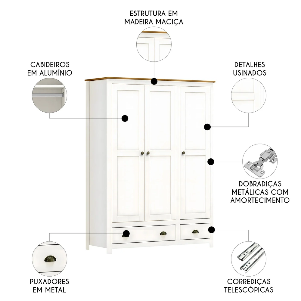 Guarda Roupa Solteiro 136cm 3 Portas Lázio Branco/Freijó F07 - Mpozenato