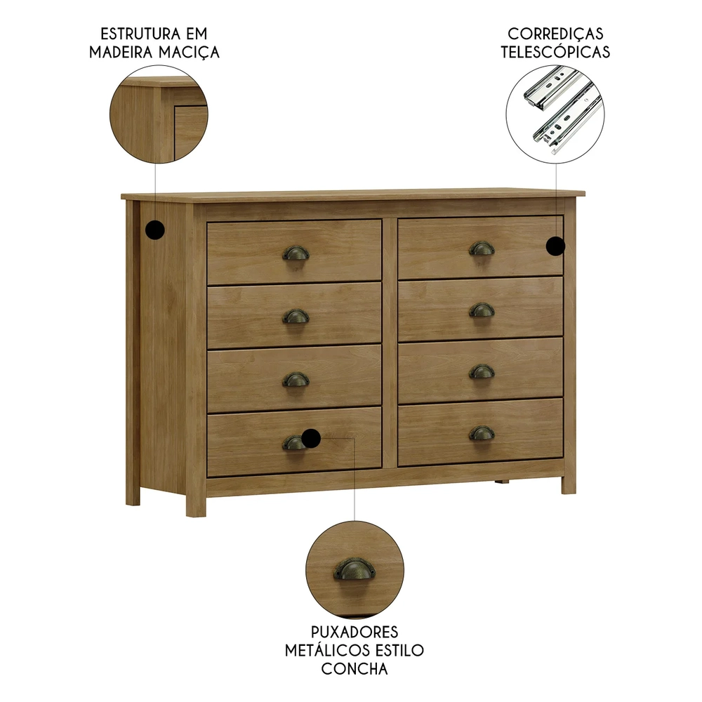 Cômoda Para Quarto 125cm Com 8 Gavetas Lázio Freijó F07     - Mpozenato