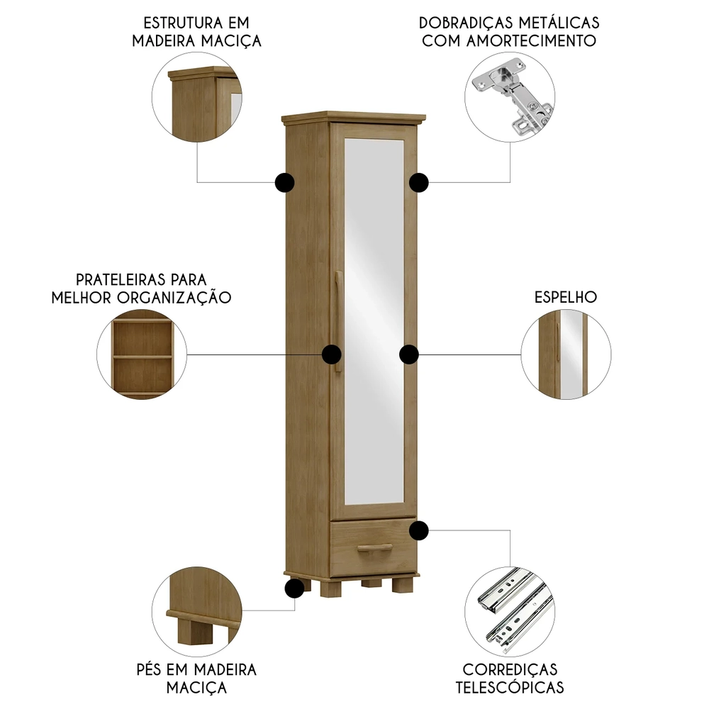 Sapateira de Madeira 47cm 1 Porta Com Espelho Eduarda Freijó F07 - Mpozenato