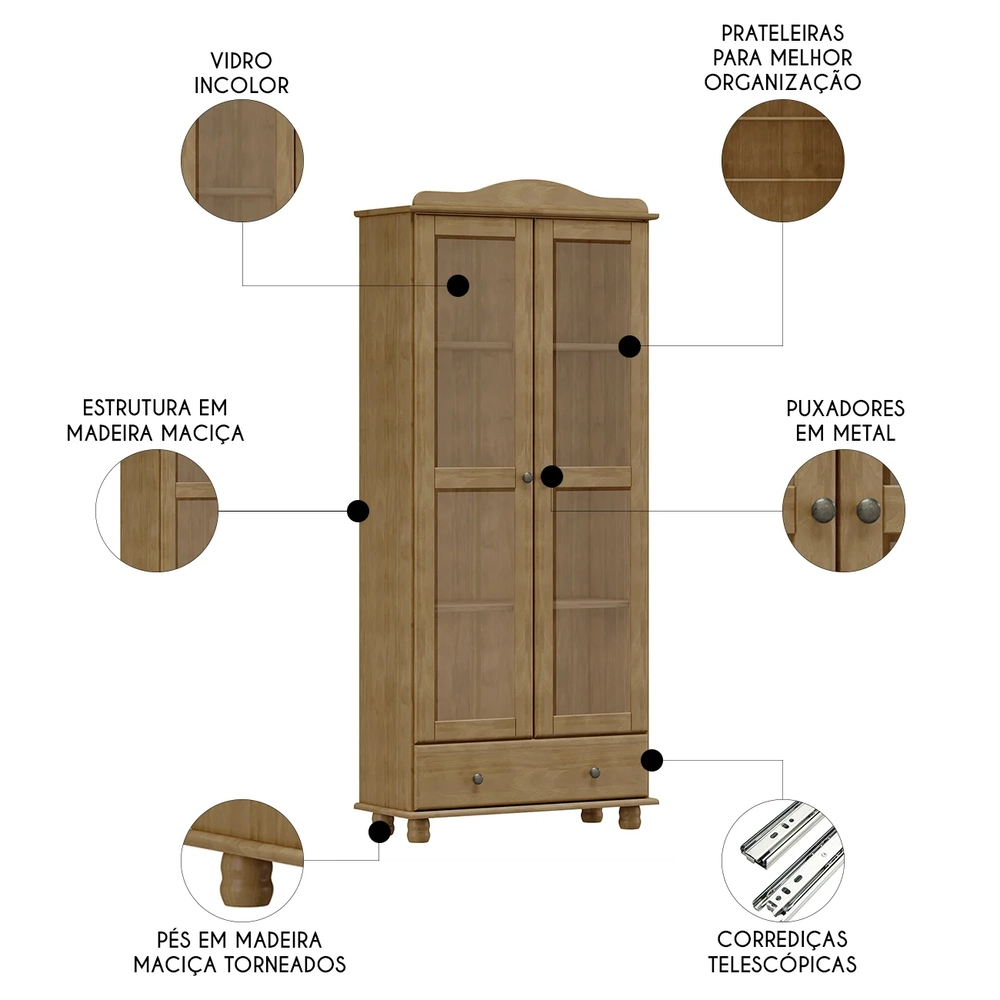 Cristaleira de Madeira 85cm 2 Portas de Vidro Rubia Freijó F07 - Mpozenato