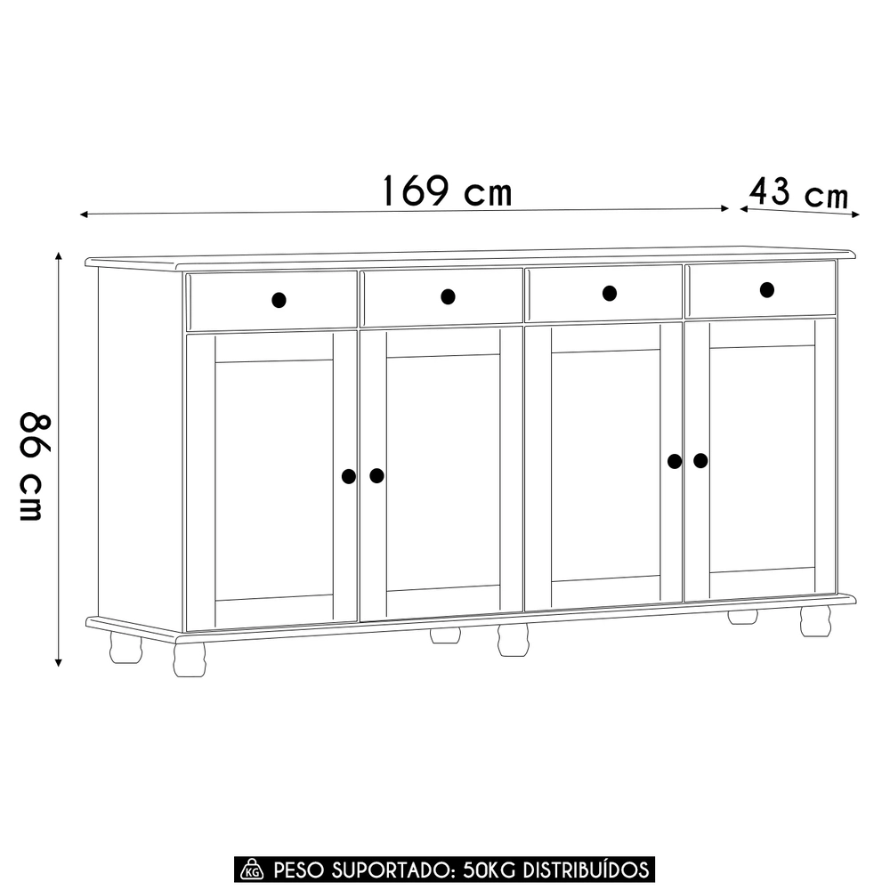 Balcão Buffet Sala de Jantar 169cm 4 Portas 4 Gavetas Rubia F07 - Mpozenato