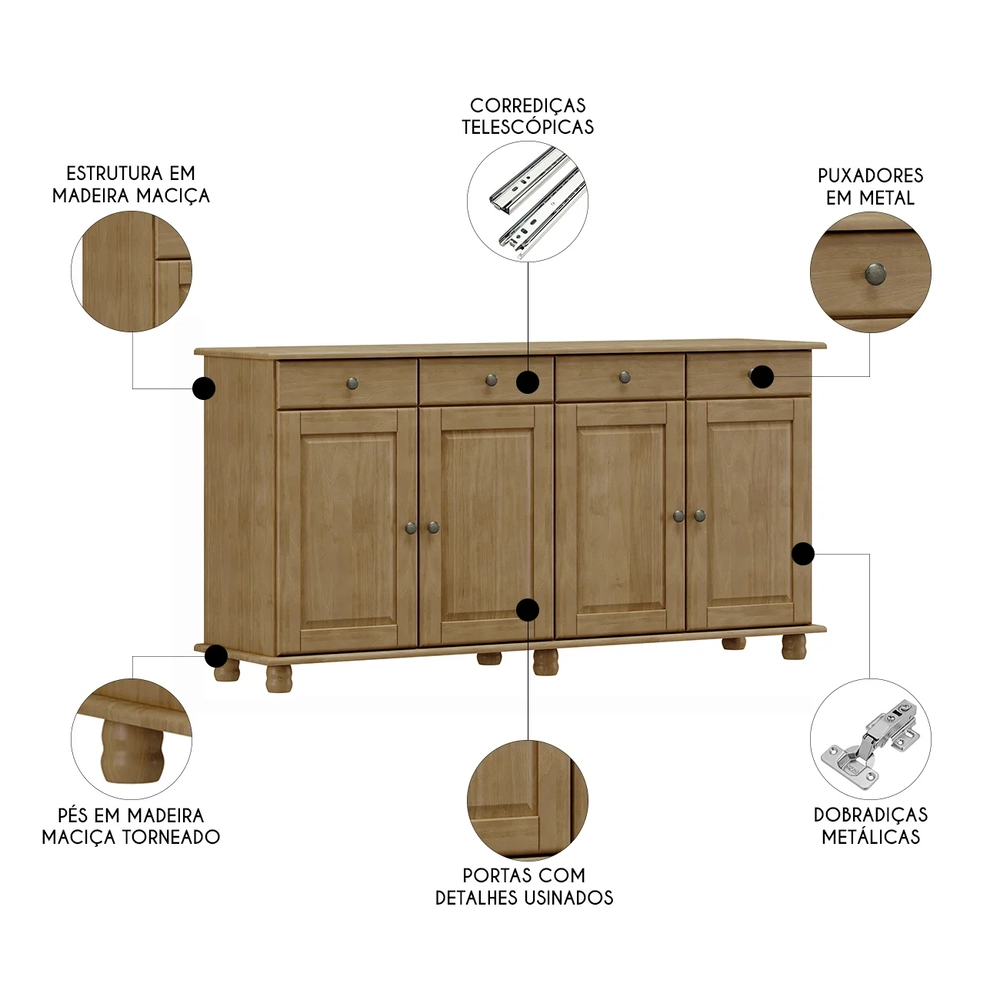 Balcão Buffet Sala de Jantar 169cm 4 Portas 4 Gavetas Rubia F07 - Mpozenato