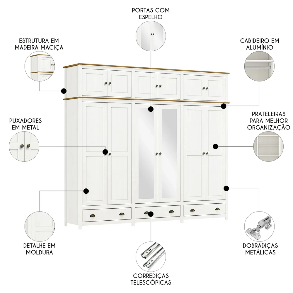 Guarda Roupa Casal 261cm Com Espelho Lázio Branco/Freijó F07 - Mpozenato