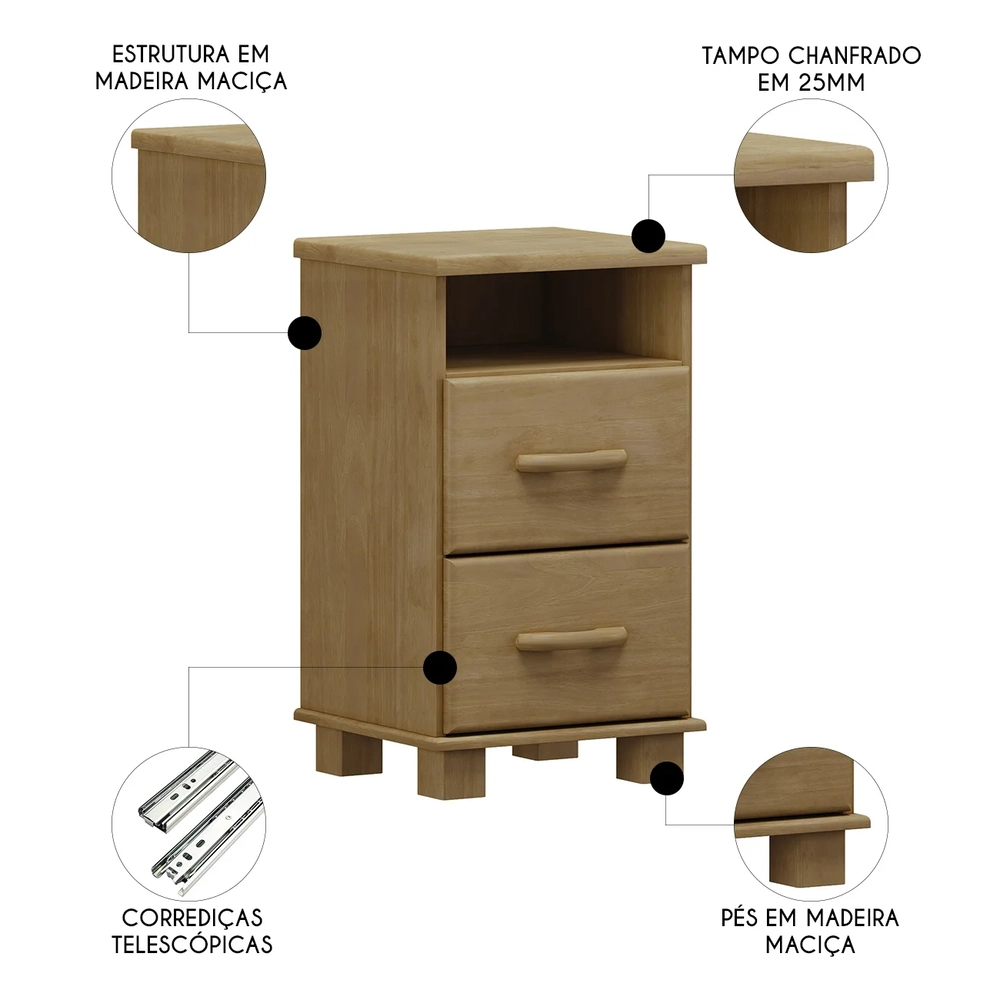 Mesa Cabeceira 44cm Para Quarto 2 Gavetas Eduarda Freijó F07 - Mpozenato