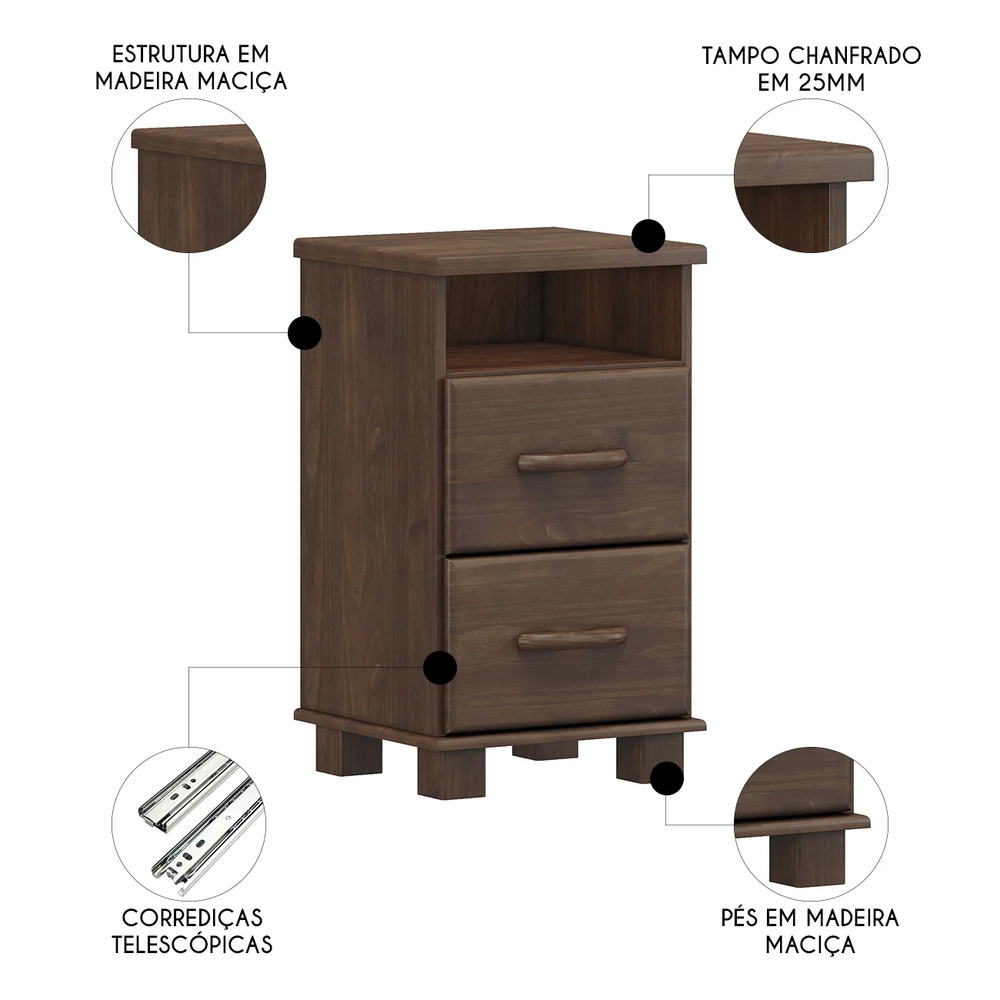 Mesa Cabeceira 44cm Para Quarto 2 Gavetas Eduarda Café F07  - Mpozenato