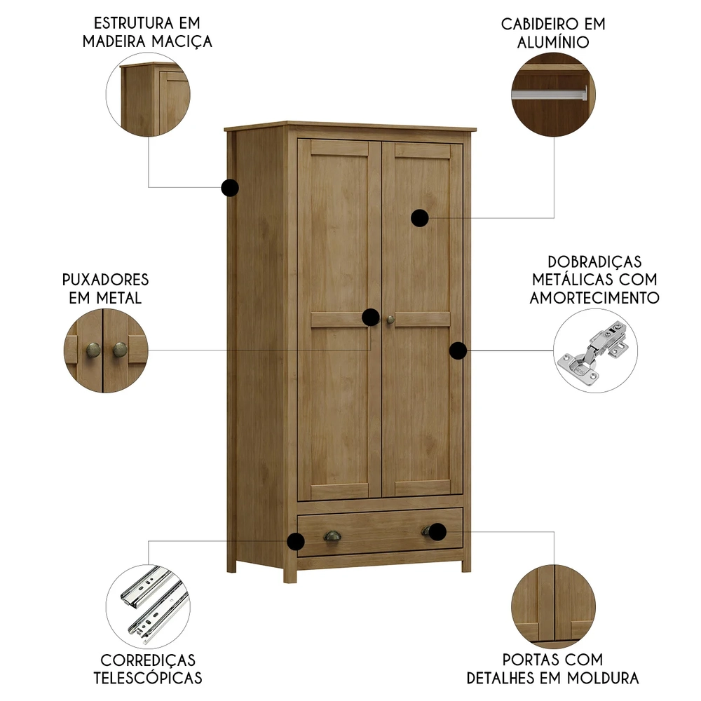 Guarda Roupa Solteiro 91cm 2 Portas 1 Gaveta Lázio Freijó F07 - Mpozenato