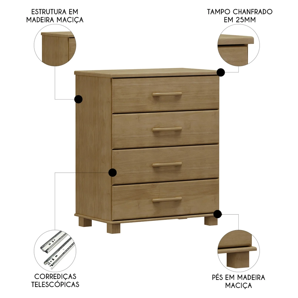 Cômoda Para Quarto 85cm 4 Gavetas Pé Madeira Eduarda Freijó F07 - Mpozenato