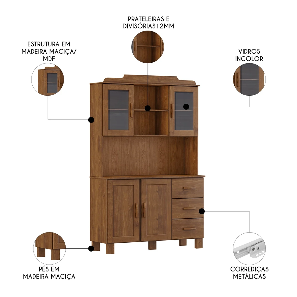 Armário de Cozinha Cristaleira 123cm 3 Gavetas Giana Castanho F07 - Mpozenato
