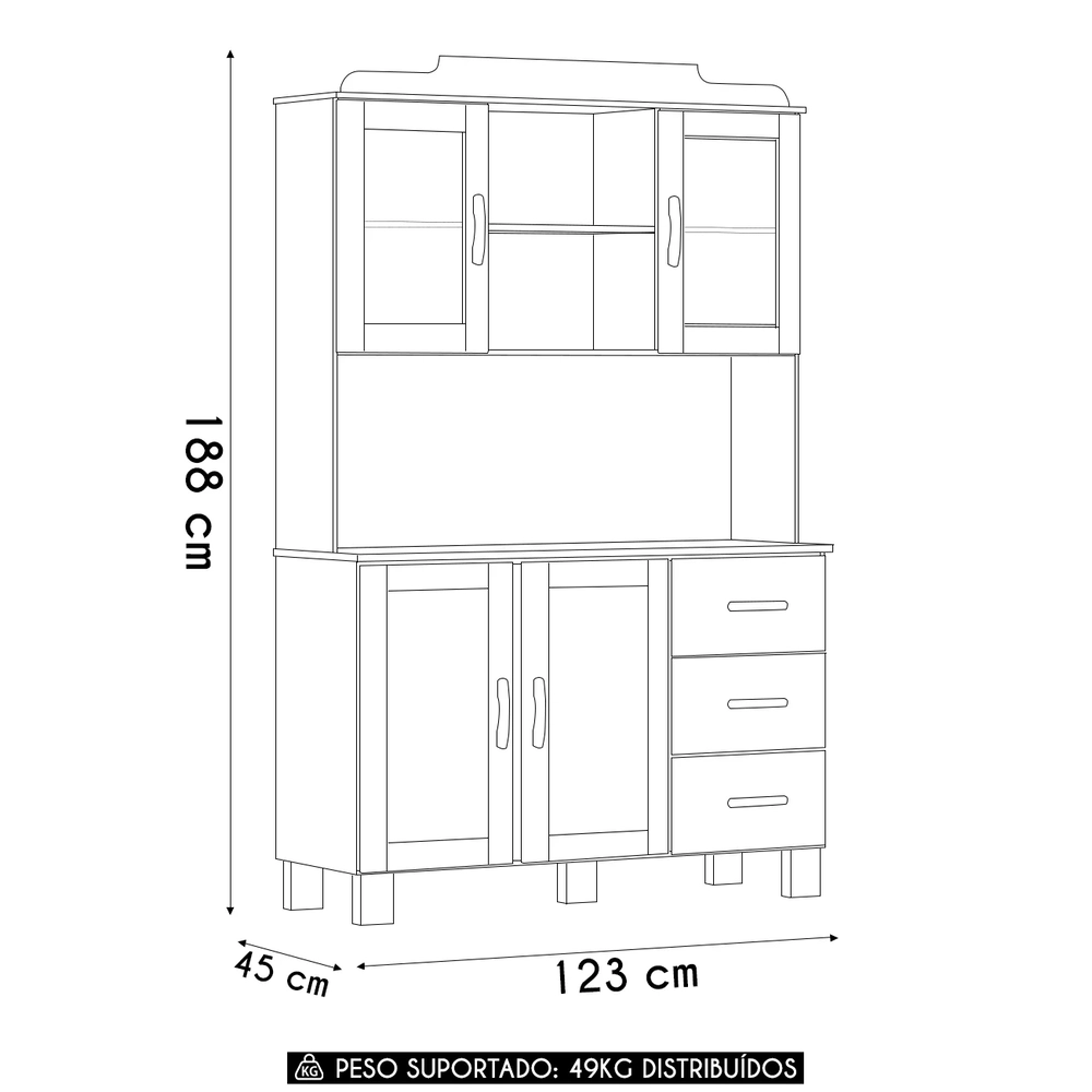 Armário de Cozinha Cristaleira 123cm 3 Gavetas Giana Castanho F07 - Mpozenato