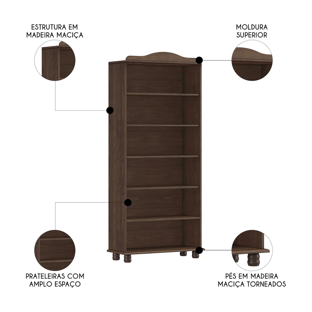 Estante Livreiro 85cm Com Prateleiras Pé Madeira Rubia Café F07 - Mpozenato