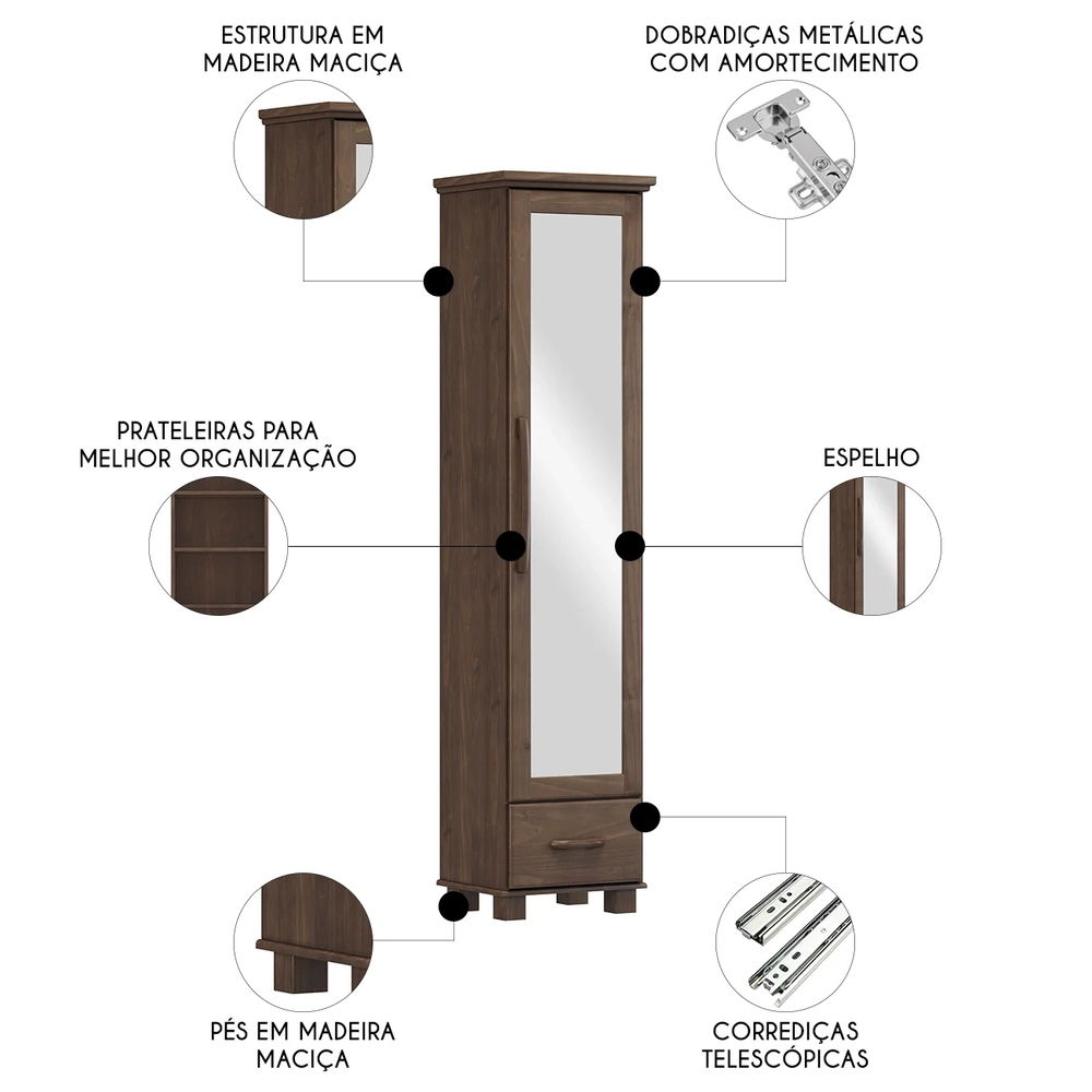 Sapateira de Madeira 47cm 1 Porta Com Espelho Eduarda Café F07 - Mpozenato