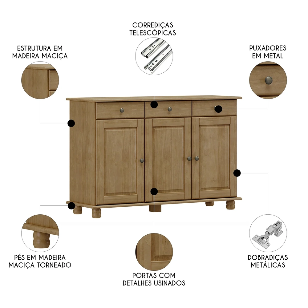 Balcão Buffet Sala de Jantar 129cm 3 Portas Rubia Freijó F07 - Mpozenato