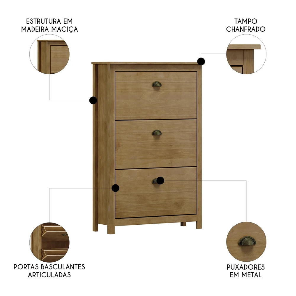 Sapateira de Madeira 80cm 3 Portas Lázio Freijó F07         - Mpozenato