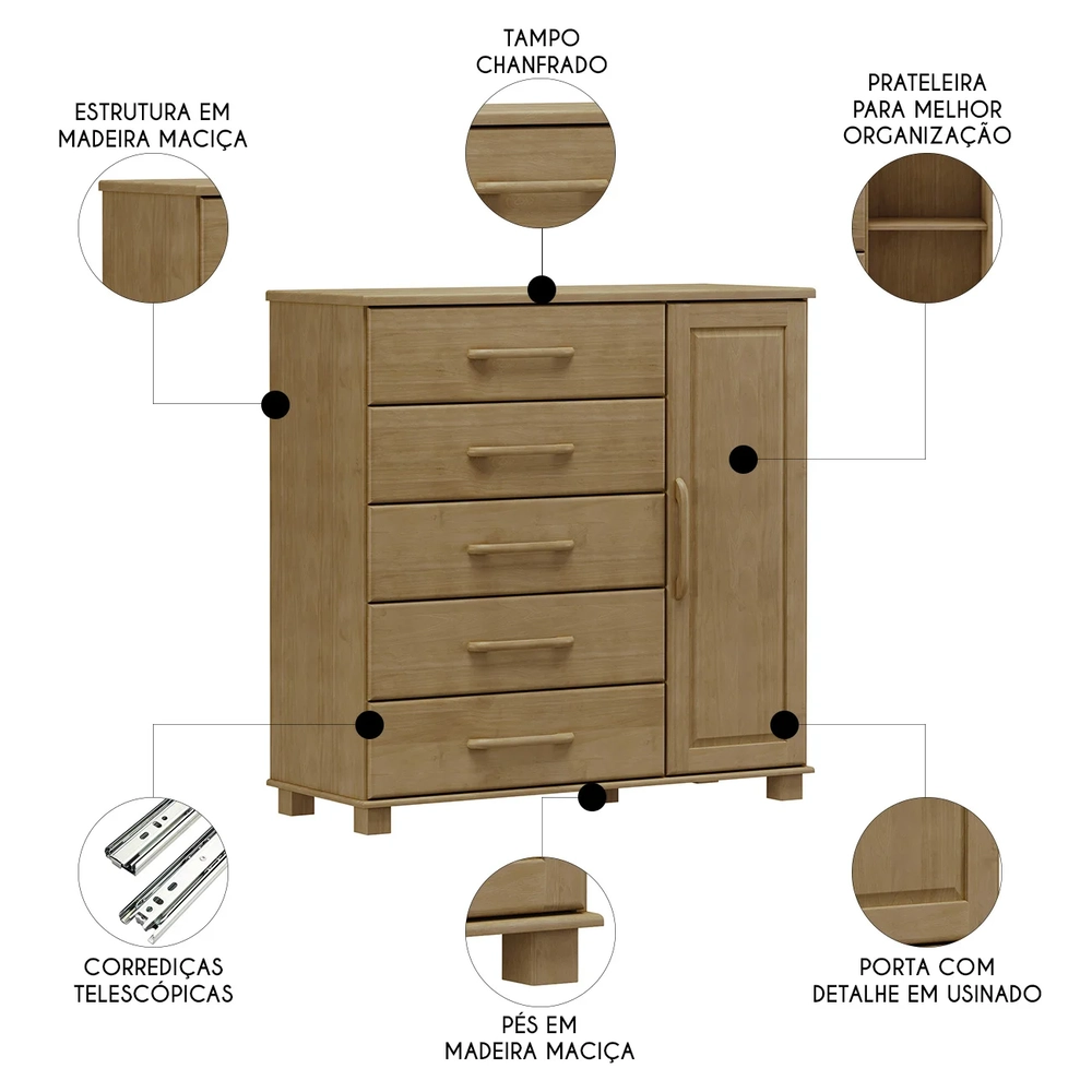 Cômoda Para Quarto 125cm 1 Porta 4 Gavetas Eduarda Freijó F07 - Mpozenato