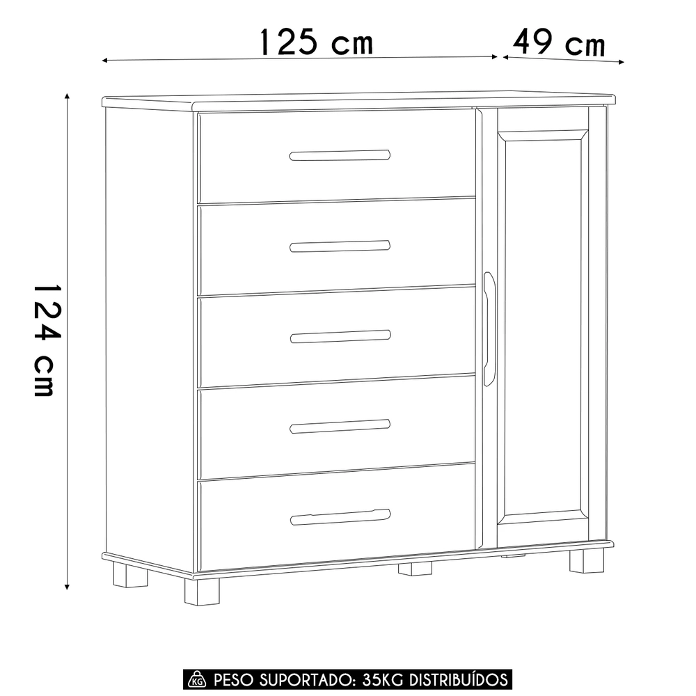 Cômoda Para Quarto 125cm 1 Porta 4 Gavetas Eduarda Freijó F07 - Mpozenato