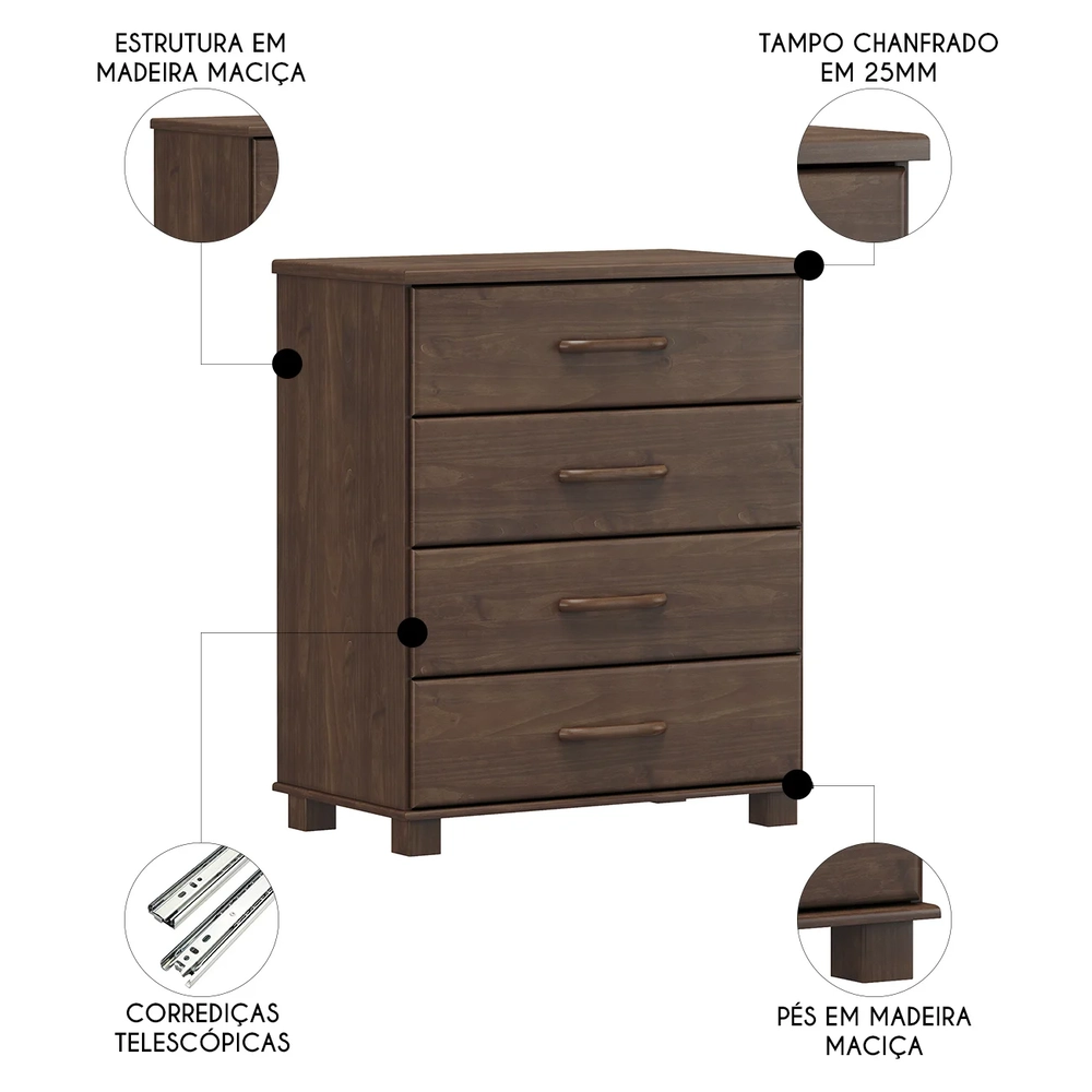 Cômoda Para Quarto 85cm 4 Gavetas Pé Madeira Eduarda Café F07 - Mpozenato