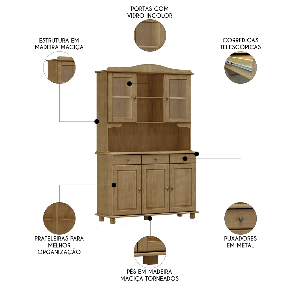 Cristaleira Portas de Vidro 129cm Pé Madeira Rubia Freijó F07 - Mpozenato
