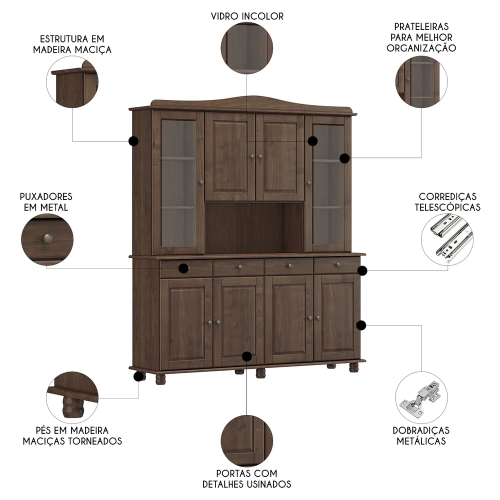 Cristaleira Portas Vidro 169cm Pé Madeira Rubia Café F07 - Mpozenato