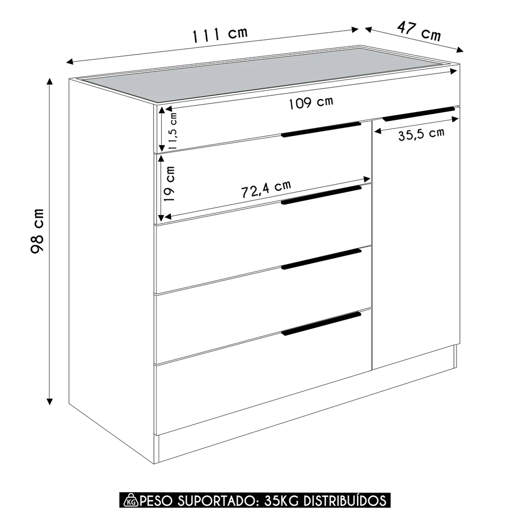 Cômoda Quarto de Solteiro 111cm 5 Gavetas Amel Branco A15  - Mpozenato 