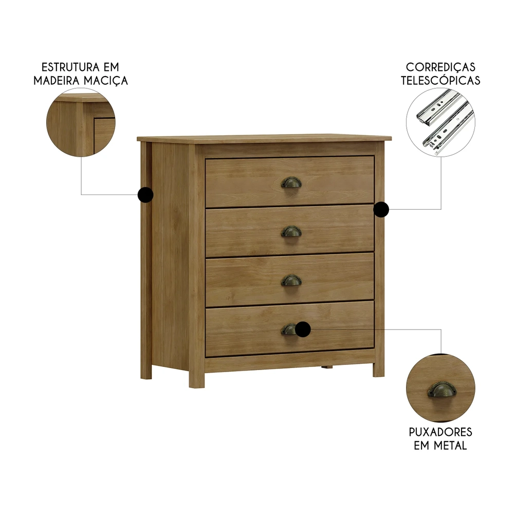 Cômoda Para Quarto 80cm Com 4 Gavetas Lázio Freijó F07      - Mpozenato