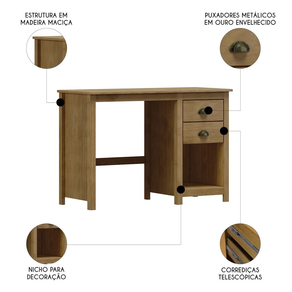 Escrivaninha 110cm 2 Gavetas Home Office Lázio Freijó F07   - Mpozenato